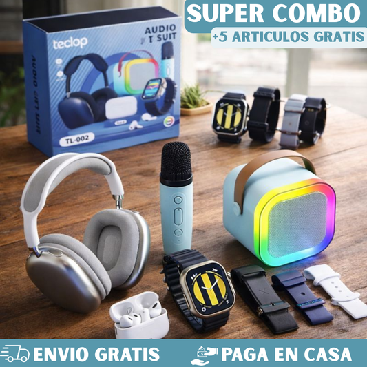 COMBO AUDIO LLEVA UN MICROFONO+AIRPODS+RELOJ+DIADEMAS+PARLANTE🎁